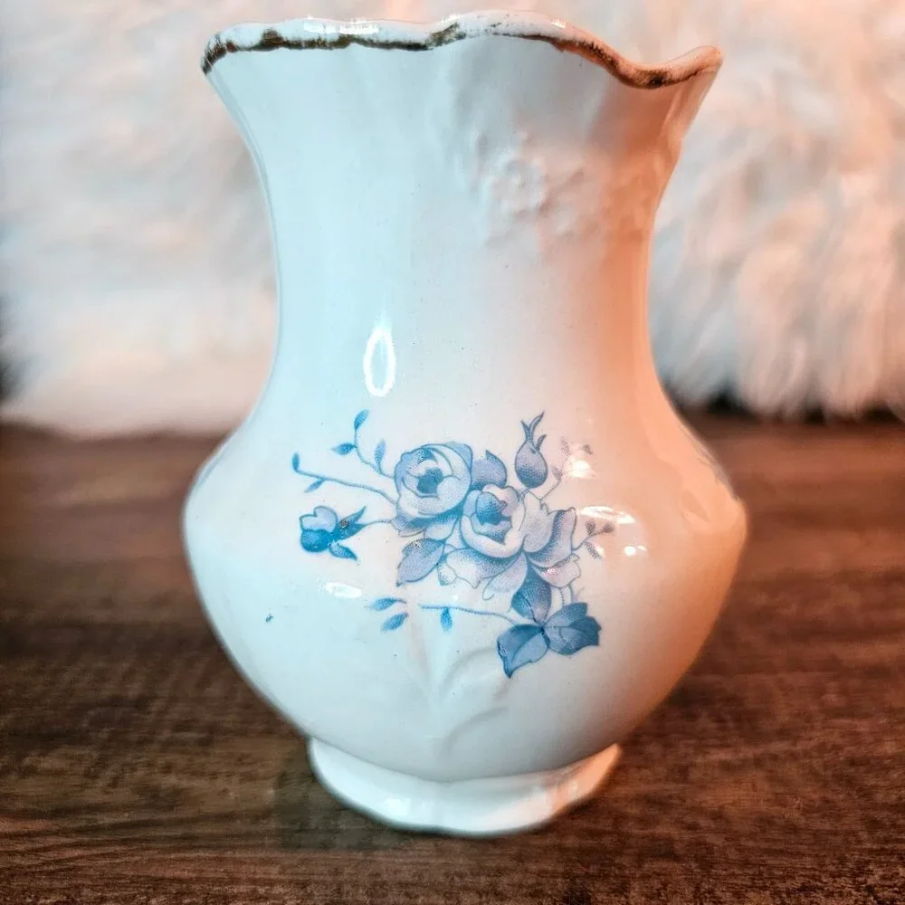Antique Anchor Pottery 4.75” Small White Porcelain Vase with Blue Roses